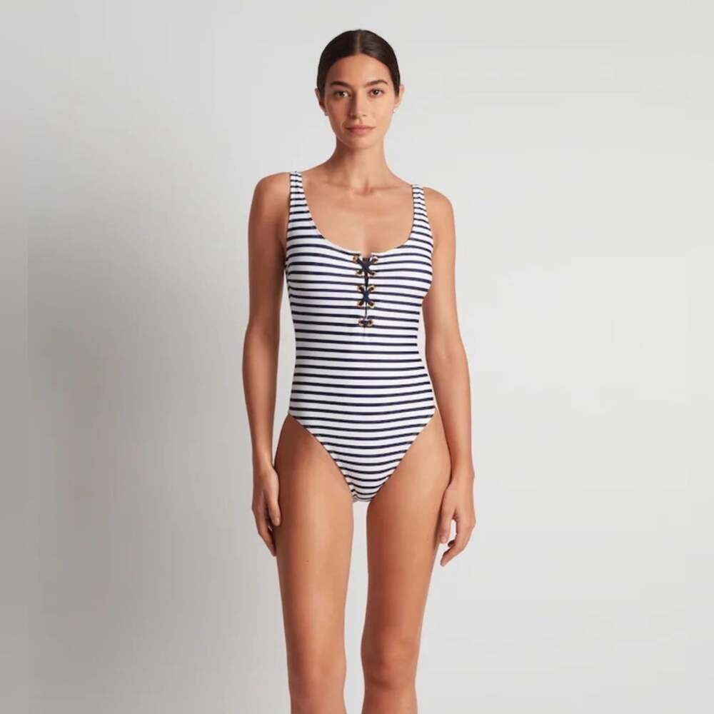 NEW RALPH LAUREN NAVY BLUE WHITE STRIPED LACE UP ONE PIECE SWIMSUIT SZ 12